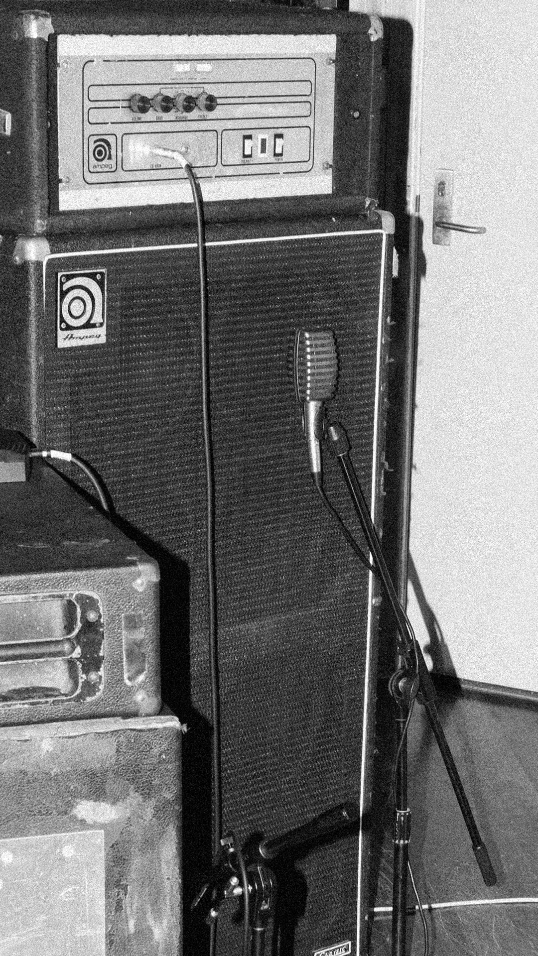 A microphone set up in front of amplifier cabinets