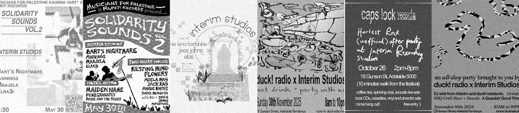 A strip of posters from past events hosted at Interim Studios